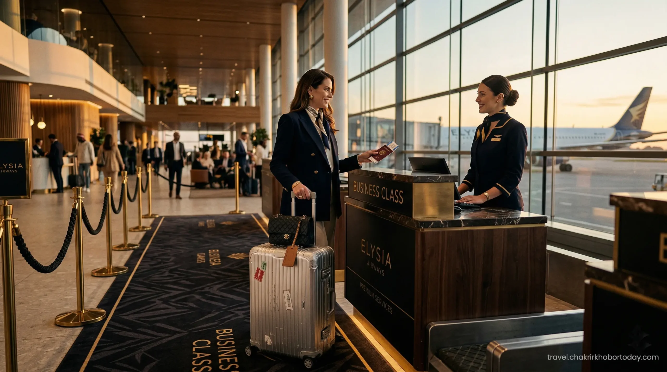 Utilizing elite airline rewards status to access priority business class check-in lanes in Dubai.