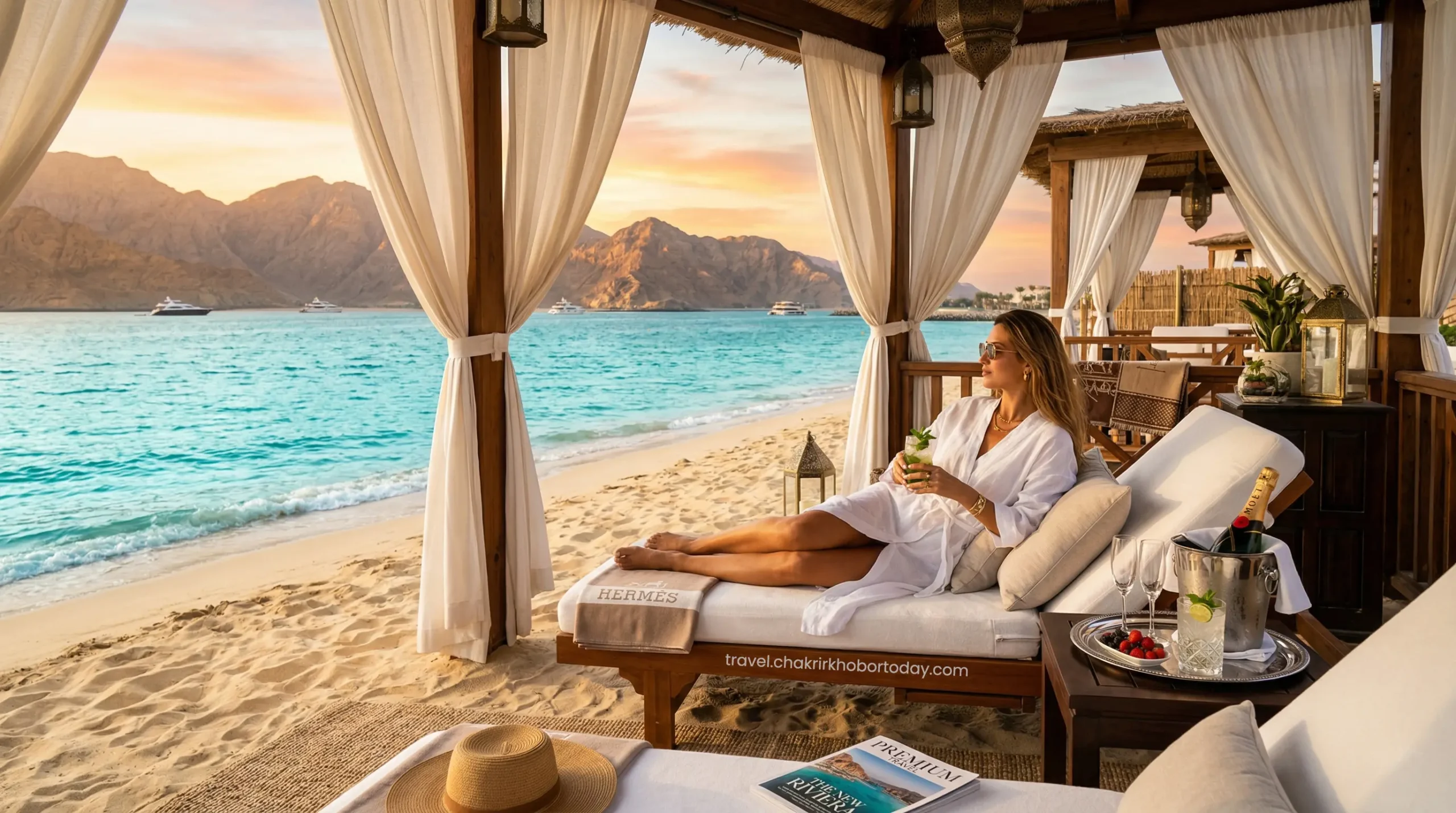 Relaxing in a VIP beachfront cabana secured through exclusive hotel booking glitches at a Ras Al Khaimah luxury resort.
